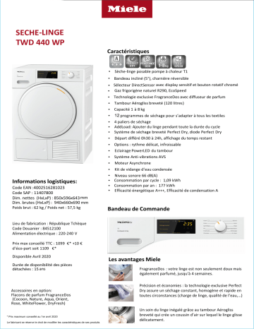 Product information | Miele TWD 440 WP Sèche linge pompe à chaleur Product fiche | Fixfr