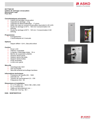 Product information | Asko DC7784V.W Cabine de séchage Product fiche | Fixfr