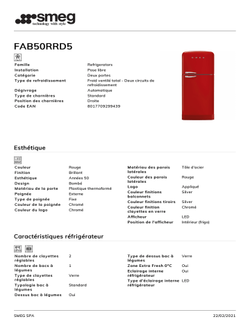 Product information | Smeg FAB50RRD5 Réfrigérateur combiné Product fiche | Fixfr