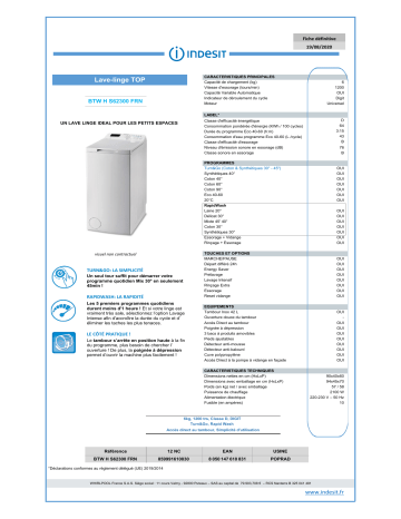 Product information | Indesit BTWHS62300FRN Lave linge top Product fiche | Fixfr