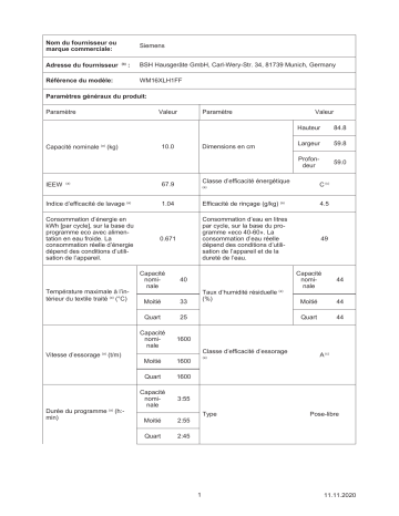 Product information | Siemens WM16XLH1FF Lave linge connecté Product fiche | Fixfr