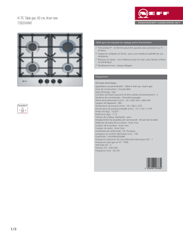 Product information | Neff T26DS49N0 N70 Table gaz Product fiche | Fixfr