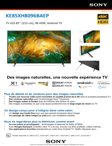 Product information | Sony KE85XH8096 TV LED Product fiche | Fixfr