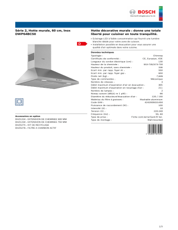 Product information | Bosch DWP64BC50 SERIE 2 Hotte décorative murale Product fiche | Fixfr