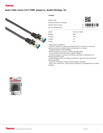 Product information | Hama Cable 3m CAT6 Câble Ethernet Product fiche | Fixfr