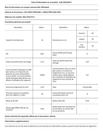 Product information | Whirlpool WIO3O33PFX 6ème SENS Lave vaisselle tout intégrable 60 cm Product fiche | Fixfr