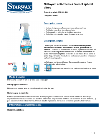 Product information | Starwax SPECIAL VITRES ANTI-TRACES ALCOOL 500ml Nettoyant Product fiche | Fixfr