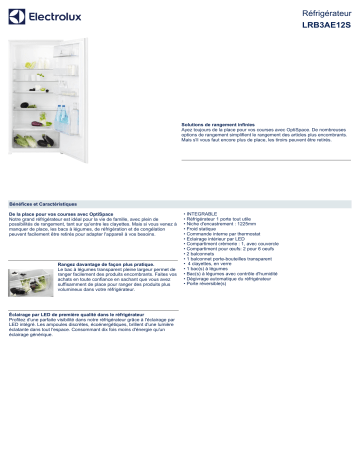 Product information | Electrolux LRB3AE12S Réfrigérateur 1 porte encastrable Product fiche | Fixfr