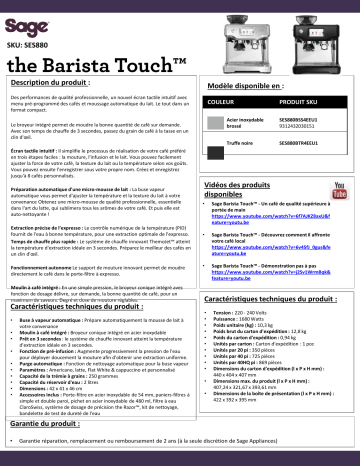 Product information | Sage Appliances Barista touch Black Expresso broyeur Product fiche | Fixfr