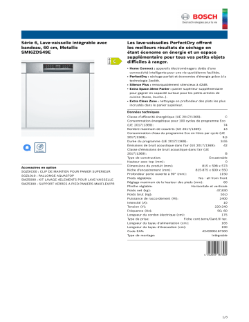 Product information | Bosch SMI6ZDS49E SERIE 6 PerfectDry Lave vaisselle Product fiche | Fixfr