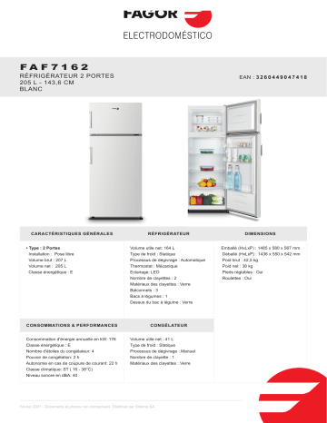Product information | Fagor FAF7162 Réfrigérateur 2 portes Product fiche | Fixfr