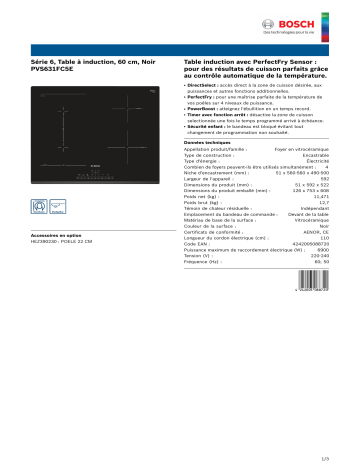 Product information | Bosch PVS631FC5E SERIE 6 PerfectFry Table induction Product fiche | Fixfr