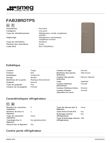 Product information | Smeg FAB28RDTP5 Réfrigérateur 1 porte Product fiche | Fixfr