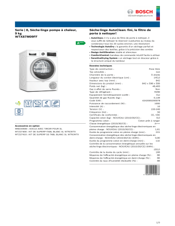 Product information | Bosch WTX87M09FF AutoClean Sèche linge pompe à chaleur Product fiche | Fixfr