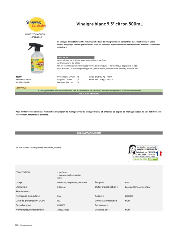 Product information | Starwax The Fabulous 500ML VINAIGRE BLANC CITRON Nettoyant multi usages Product fiche | Fixfr