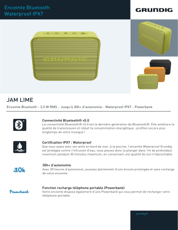 Product information | Grundig JAM Lime Enceinte Bluetooth Product fiche | Fixfr