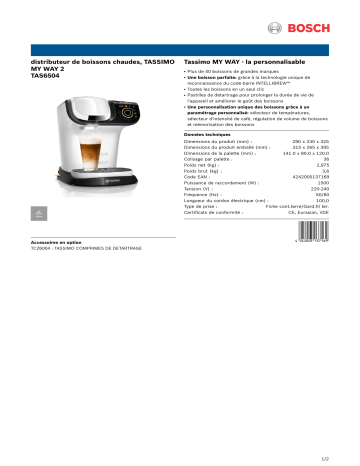 Product information | Bosch MY WAY TAS6504 - BLANC Tassimo Product fiche | Fixfr