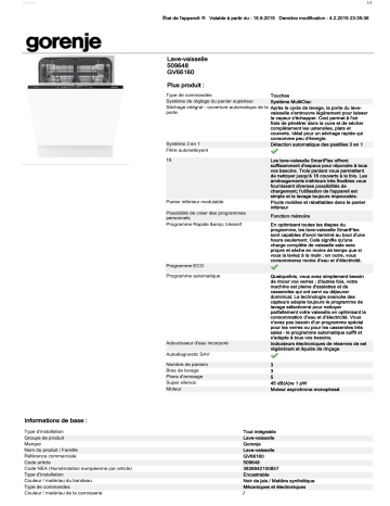 Product information | Gorenje GV66160 Lave vaisselle tout intégrable Product fiche | Fixfr