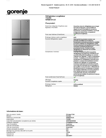 Product information | Gorenje NRM8181UX Réfrigérateur multi portes Product fiche | Fixfr