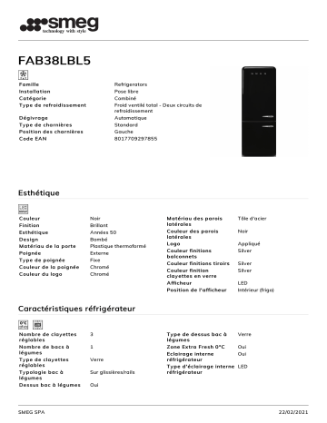 Product information | Smeg FAB38LBL5 Réfrigérateur combiné Product fiche | Fixfr