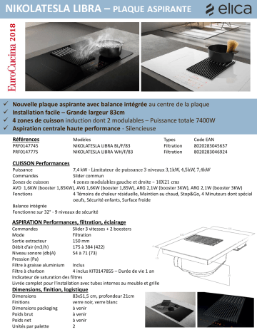 Product information | Elica NIKOLATESLA LIBRA WH/F/83 Table induction aspirante Product fiche | Fixfr