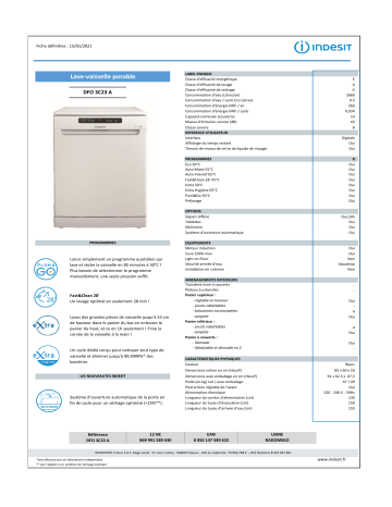 Product information | Indesit DFO3C23A Lave vaisselle 60 cm Product fiche | Fixfr