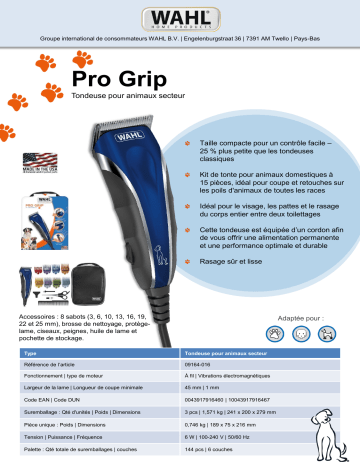 Product information | Wahl pour animaux secteur Grip pet clipper Tondeuse pour chien professionnelle Product fiche | Fixfr