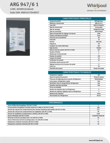 Product information | Whirlpool ARG947/61 Réfrigérateur 1 porte encastrable Product fiche | Fixfr