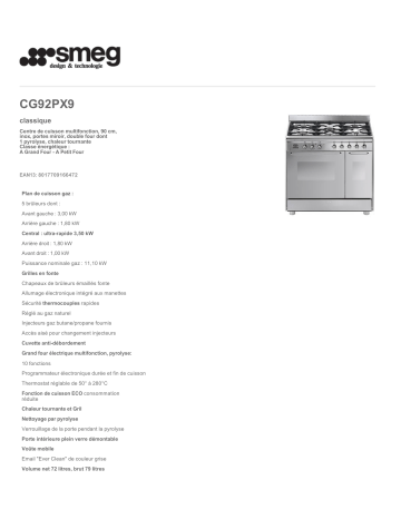 Product information | Smeg CG92PX9 Piano de cuisson mixte Product fiche | Fixfr