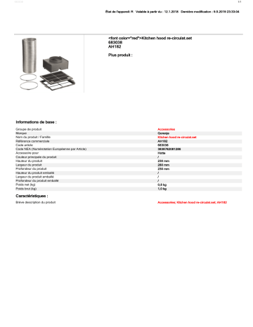 Product information | Gorenje Kit de recyclage AH182 Kit hotte Product fiche | Fixfr