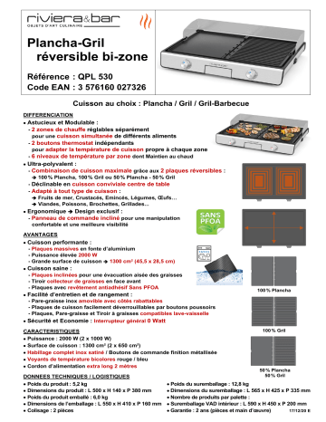 Product information | Riviera Et Bar QPL530 réversible Plancha électrique Product fiche | Fixfr