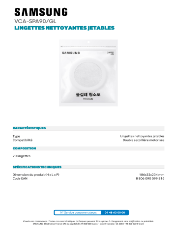Product information | Samsung Jetables pour serpillère motorisé x20 Lingette Product fiche | Fixfr