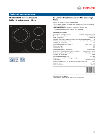 Product information | Bosch PKK631B17E SERIE 4 Table vitrocéramique Product fiche | Fixfr