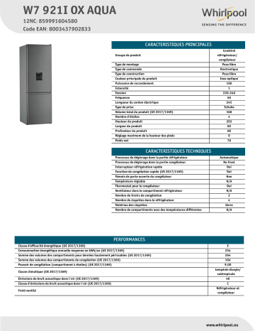 Product information | Whirlpool W7921IOXAQUA Réfrigérateur combiné Product fiche | Fixfr