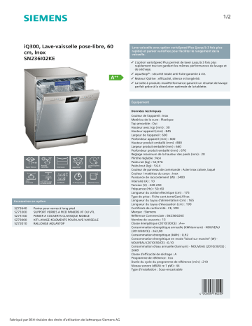 Product information | Siemens SN236I02KE IQ300 Lave vaisselle 60 cm Product fiche | Fixfr