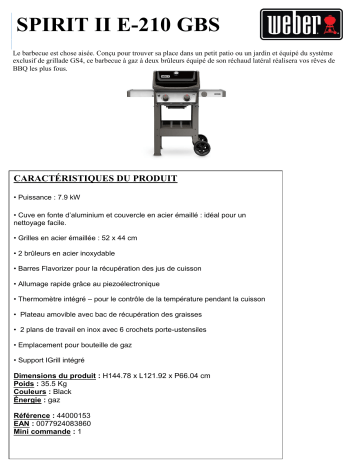 Product information | Weber SPIRIT II E-210 GBS Barbecue gaz Product fiche | Fixfr
