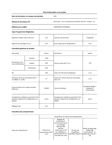 Product information | AEG SKE818E9ZC Réfrigérateur 1 porte encastrable Manuel utilisateur | Fixfr