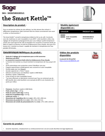 Product information | Sage Appliances Smart Kettle SKE825BSS3EEU1 Bouilloire à température réglable Product fiche | Fixfr