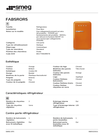Product information | Smeg FAB5ROR5 Mini réfrigérateur Product fiche | Fixfr
