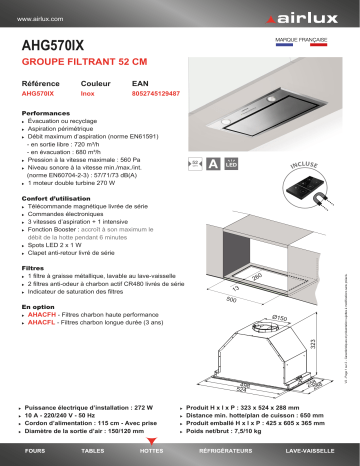 Product information | Airlux AHG570IX Groupe filtrant Product fiche | Fixfr