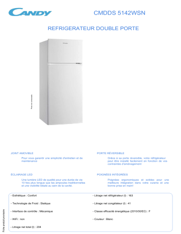 Product information | Candy CMDDS 5142WSN Réfrigérateur 2 portes Product fiche | Fixfr