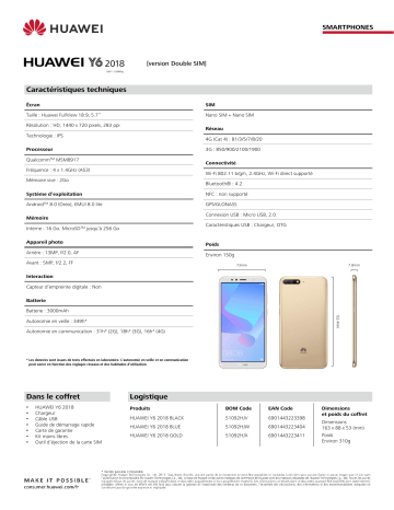 Product information | Huawei Y6 2018 Noir Smartphone Product fiche | Fixfr