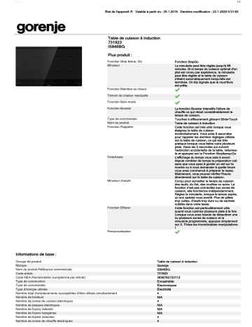 Product information | Gorenje IS846BG Table induction Product fiche | Fixfr