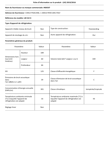 Product information | Indesit LI8S1EK Réfrigérateur combiné Product fiche | Fixfr