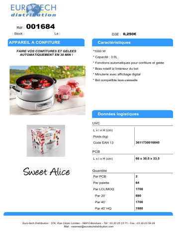 Product information | Sweet Alice Appareil à confitures et gelées Confiturier Product fiche | Fixfr