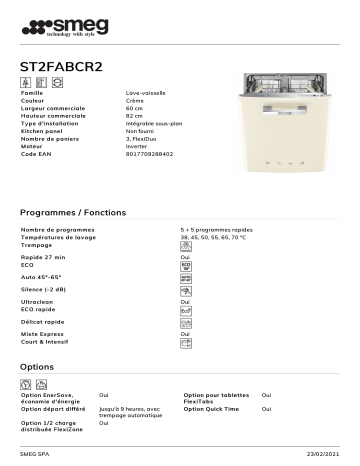 Product information | Smeg ST2FABCR2 Lave vaisselle encastrable Product fiche | Fixfr