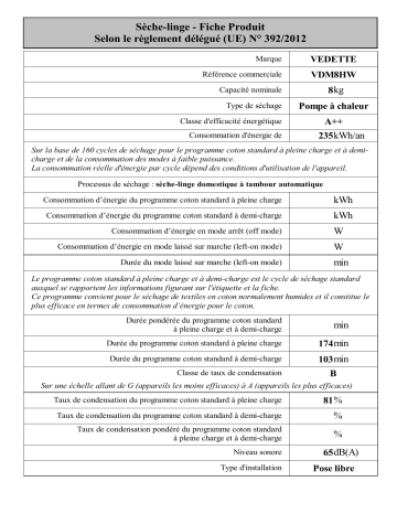 Product information | Vedette VDM8HW Sèche linge pompe à chaleur Product fiche | Fixfr