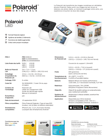 Product information | Polaroid Lab instantané Imprimante photo portable Product fiche | Fixfr
