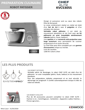 Product information | Kenwood KVC5305S Chef Elite Robot pâtissier Product fiche | Fixfr