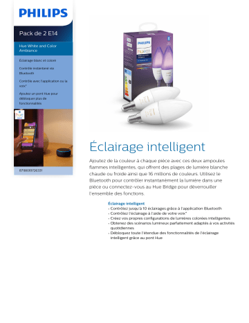 Product information | Philips Pack x2 E14 Hue White & Colors Bluetooth Ampoule connectée Product fiche | Fixfr
